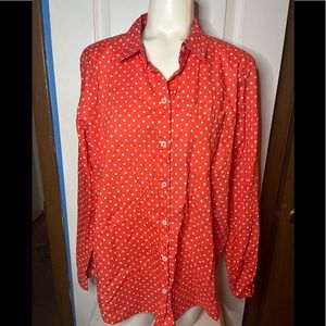 x Liz Claiborne Shirt Women Orange Size Large Cotton Polka Dot Pattern Button Up